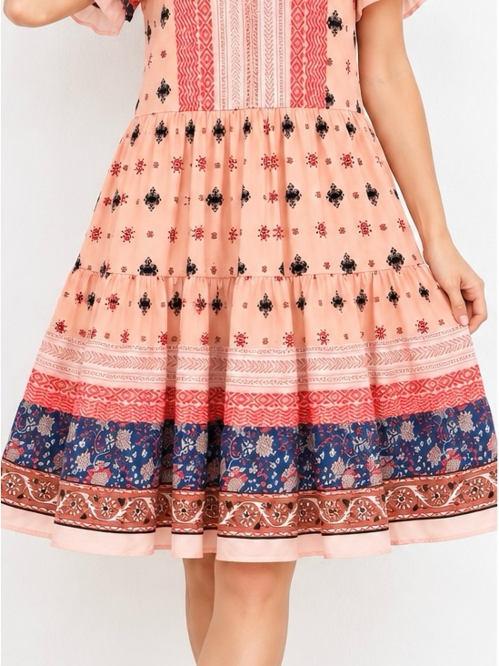 Easel Peach Multi-Pattern Tiered Midi Skirt